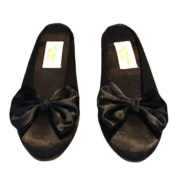 Vintage Victoria's Secret Satin Bow Slippers Slip On Mules Black Womens Size 5/6 - Picture 1 of 5